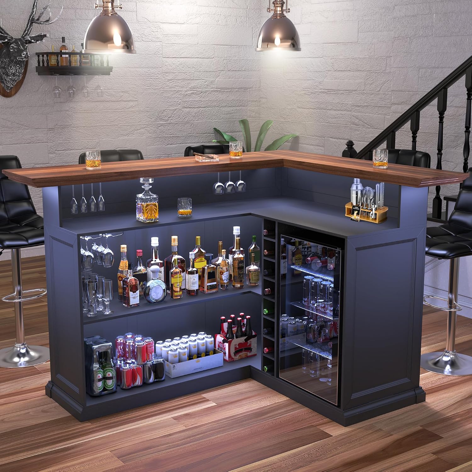 Home Bar Lounge - L-Shaped Home Bar Cabinet with Fridge