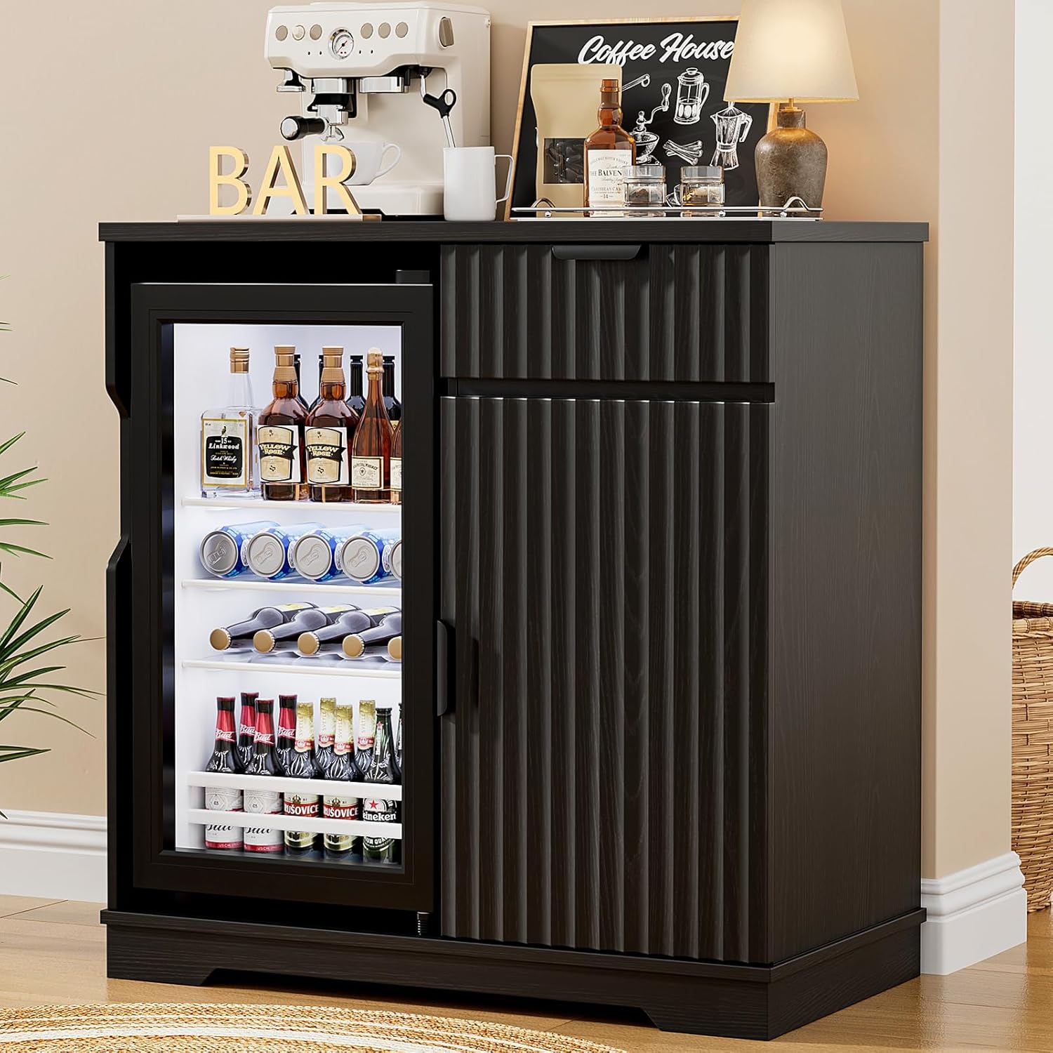 Fluted Coffee Bar Cabinet with - Home Bar And Fridge review and price